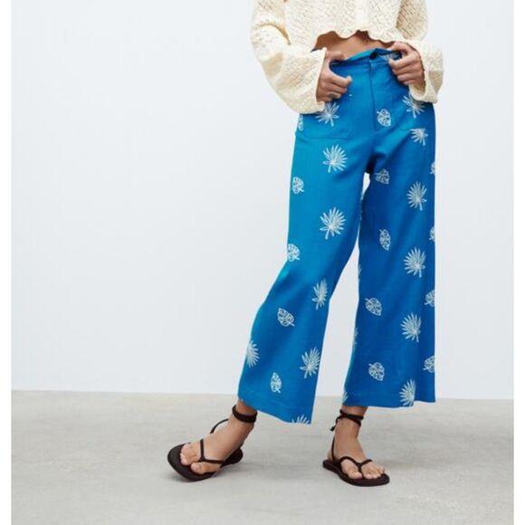NWT Zara Women's Linen Blend Embroidered Wide Leg Pants Culottes with Pockets - Picture 7 of 13